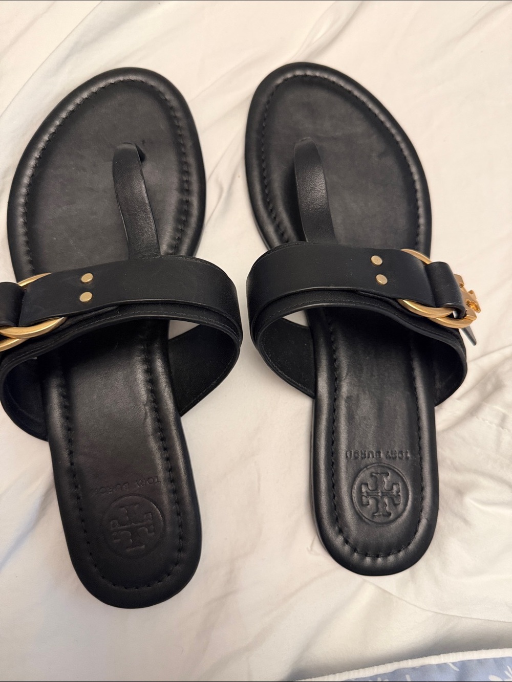Tory Burch Black Leather Toe-Loop Sandals with Gold Accent, never worn